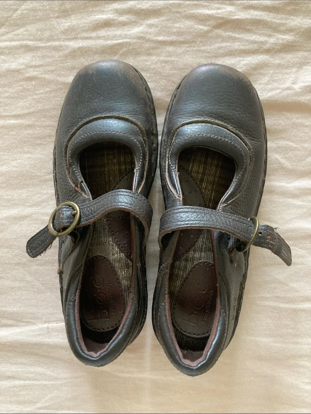 b.o.c. Brown Leather Mary Jane Shoes with Floral Tread